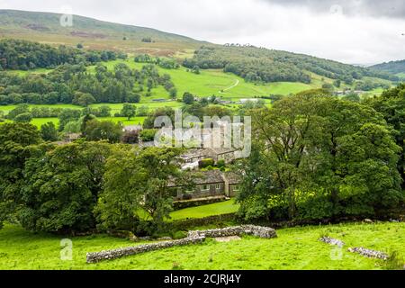 Looking up Upper Wharfedale over the Dales village of Buckden during a lovely walk along the fell bottom on a September morning - beautiful landscape. Stock Photo