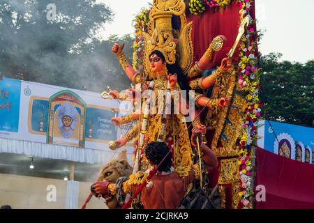 Kolkata, West Bengal, India, October, 2019 : Durga Pooja in Calcutta. Goddess Durga idol at puja carnival. Indian Hindu festive celebration ceremony. Stock Photo