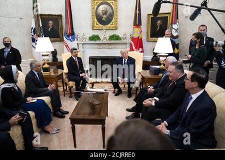 Washington DC, USA. 15th Sep, 2020. President Donald Trump meets with Abdullah bin Zayed bin Sultan Al Nahyan, Minister of Foreign Affairs and International Cooperation of the United Arab Emirates in the Oval Office at the White House on Tuesday, Sept. 15, 2020. Representatives from the United Arab Emirates and Israel are at the White House today to sing the Abraham Accord peace deal. Credit: UPI/Alamy Live News Stock Photo