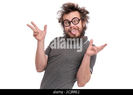 Crazy bearded man emotions and signs Stock Photo