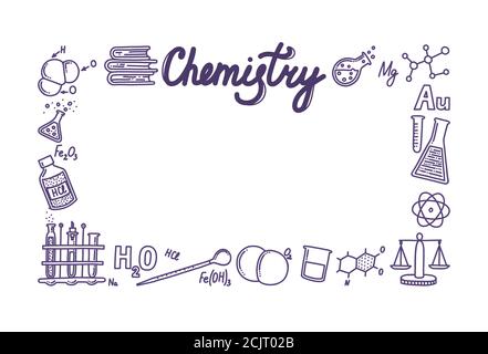 Rectangular box composed of chemistry icons. Frame for your designs and texts. Test tubes, reactions, atom, molecules, formula and other scientific Stock Vector