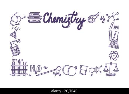 Rectangular box composed of chemistry icons. Frame for your designs and texts. Test tubes, reactions, atom, molecules, formula and other scientific Stock Vector