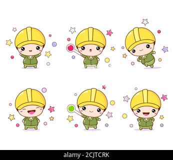 Cartoon worker in professional uniform. Little workman in different situations. Kawaii stickers collection. Vector EPS8 Stock Vector