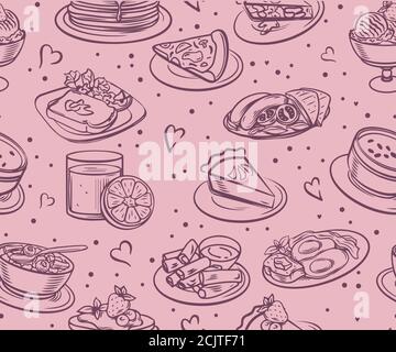 Seamless food and drink food patterns, set of fast food doodles on white, Vector illustration. Ideal for menu or food packaging design, background for Stock Vector