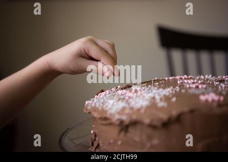 Close Up of a Child's Hand Decorating a Chocolate Frosted Birthday Cake with Sprinkles Stock Photo