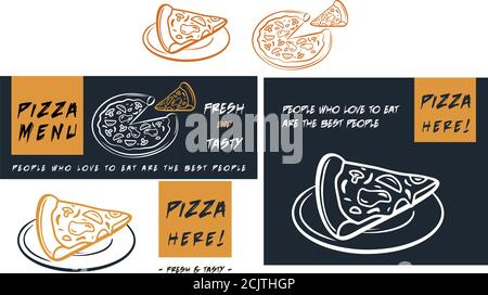 Restaurant food menu design, hand drawn illustrations, Italian Pizza hand drawn vector illustration. Pizza slices label, Packaging design template, Sk Stock Vector
