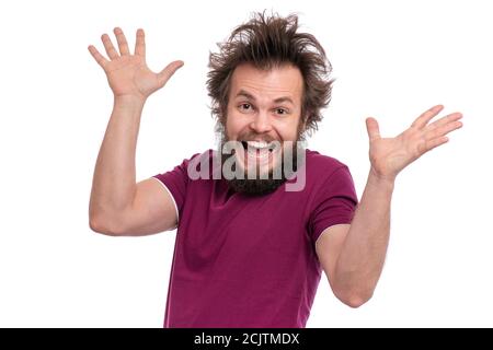 Crazy bearded man emotions and signs Stock Photo