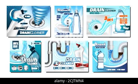 Clogged Drain Cleaner Promo Posters Set Vector Stock Vector