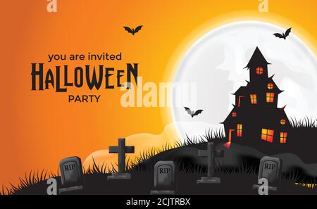 Halloween trick or treat invitation party banner with illustration of scary castle on the hill with graveyard and full moon orange night sky Stock Vector