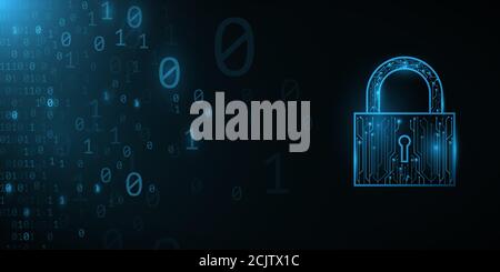 Futuristic lock from circuit computer board with binary code background. Hi-tech modern design. Programming banner. World network. High technology tem Stock Vector