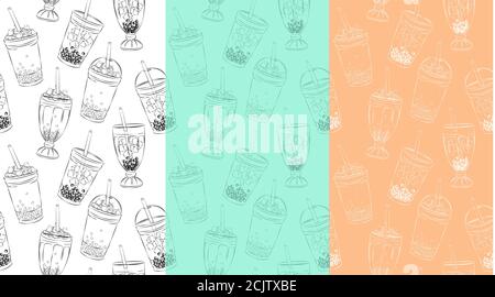 seamless pattern of sweet tasty milkshakes , whipped cream and topping, bubble tea advertisement with tasty tapioca and pearls menu graphic template Stock Vector
