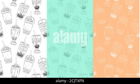 seamless pattern of sweet tasty milkshakes , whipped cream and topping, bubble tea advertisement with tasty tapioca and pearls menu graphic template Stock Vector