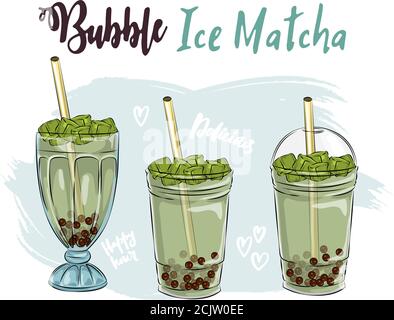Set of different milkshakes. Chocolate, cherry, strawberry, vanilla and orange milkshakes. Cartoon vector illustration isolated on white background, b Stock Vector