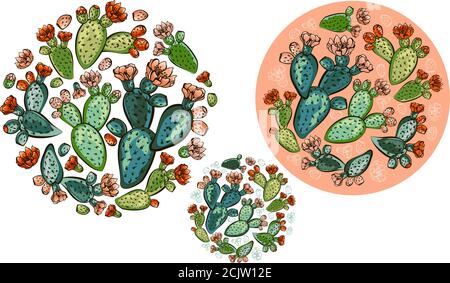 Set of banners with hand drawn prickly pear, sketch style vector illustration isolated on white background. Wild floral exotic tropical plant. Black a Stock Vector