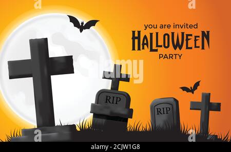 Halloween trick or treat invitation party banner with illustration of graveyard Stock Vector