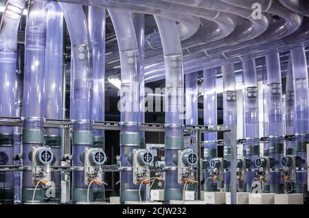 Pipeline or tube mail, huge logistics center in the hospital, transport concept Stock Photo