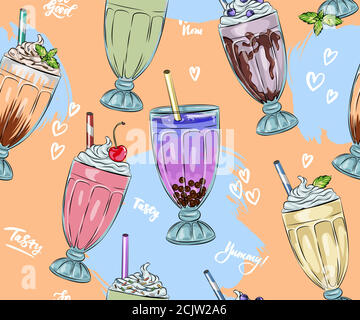 seamless pattern of sweet tasty milkshakes , whipped cream and topping, bubble tea advertisement with tasty tapioca and pearls menu graphic template Stock Vector
