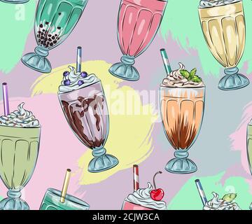 seamless pattern of sweet tasty milkshakes , whipped cream and topping, bubble tea advertisement with tasty tapioca and pearls menu graphic template Stock Vector