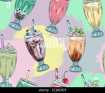 seamless pattern of sweet tasty milkshakes , whipped cream and topping, bubble tea advertisement with tasty tapioca and pearls menu graphic template Stock Vector