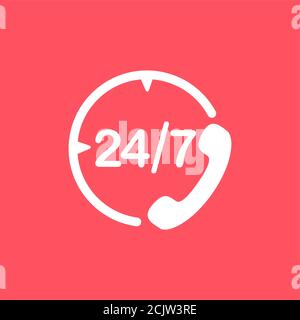 24 hours 7 day a week support call center icon. Flat vector illustration in white on red background. Stock Vector