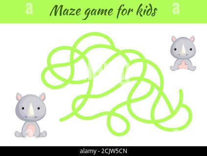 Funny maze or labyrinth game for kids. Help mother find path to baby. Education developing worksheet. Activity page. Cartoon rhino characters. Riddle Stock Vector