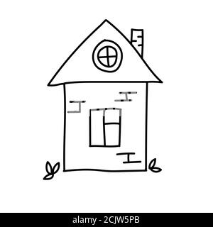 Hand drawn doodle house. Thin black line. Oval window on the roof. brick chimney. Vector illustration isolated on white. Stock Vector