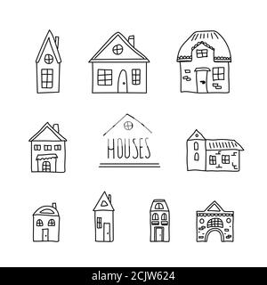 Hand drawn set of doodle houses. Thin black line. Different windows, doors and roofs. Vector illustration isolated on white Stock Vector