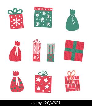 set of Christmas gift with bright decorations. Funny boxes with a present inside and some bowes. Cartoon vector illustration isolated on white Stock Vector