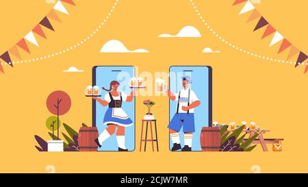 man woman on smartphone screens holding beer mugs Oktoberfest party celebration online communication self isolation concept horizontal full length vector illustration Stock Vector