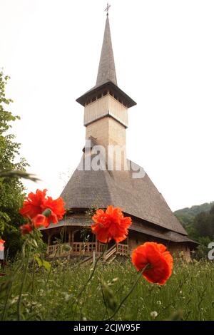 Barsana Monastery, Romania. The 18th century wooden church, historical monument built in the local traditional style. Stock Photo