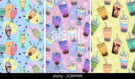 seamless pattern of sweet tasty milkshakes , whipped cream and topping, bubble tea advertisement with tasty tapioca and pearls menu graphic template Stock Vector