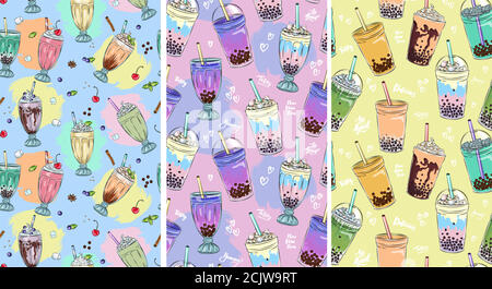 seamless pattern of sweet tasty milkshakes , whipped cream and topping, bubble tea advertisement with tasty tapioca and pearls menu graphic template Stock Vector