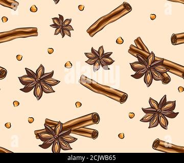 Anise star sketches set. Single, batch and composition with cinnamon sticks. Seamless pattern with spices. Cinnamon, star anise, anise seed. Watercolo Stock Vector