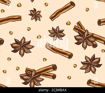 Anise star sketches set. Single, batch and composition with cinnamon sticks. Seamless pattern with spices. Cinnamon, star anise, anise seed. Watercolo Stock Vector