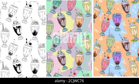 seamless pattern of sweet tasty milkshakes , whipped cream and topping, bubble tea advertisement with tasty tapioca and pearls menu graphic template Stock Vector
