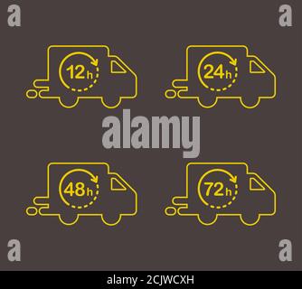 Delivery in 12, 24, 48 and 72 hours icon set. Shipping Flat vector illustration. Stock Vector
