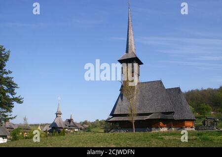 Barsana Monastery, Romania. The 18th century wooden church, historical monument built in the local traditional style. Stock Photo