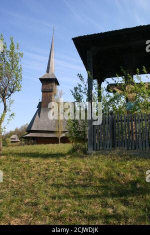 Barsana Monastery, Romania. The 18th century wooden church, historical monument built in the local traditional style. Stock Photo