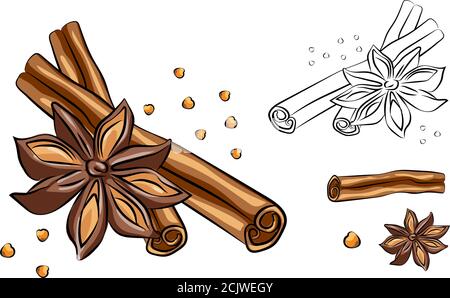Anise star sketches set. Single, batch and composition with cinnamon sticks. herbs and condiment retro style hand drawn collection. Vector illustratio Stock Vector