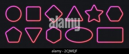 Neon gradient frames set, collection of pink-red glowing borders isolated on a dark background. Stock Vector