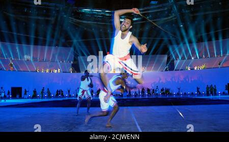 Artists perform the anciant martial art known as Kalaripayattu, also called  Kalari, an Indian martial art and fighting style with swords that origina Stock Photo