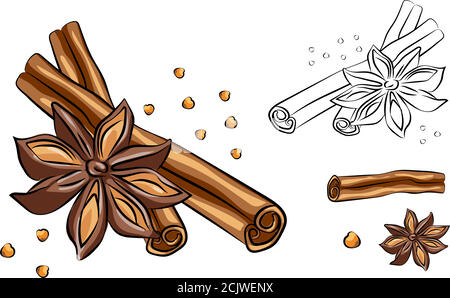 Anise star sketches set. Single, batch and composition with cinnamon sticks. herbs and condiment retro style hand drawn collection. Vector illustratio Stock Vector