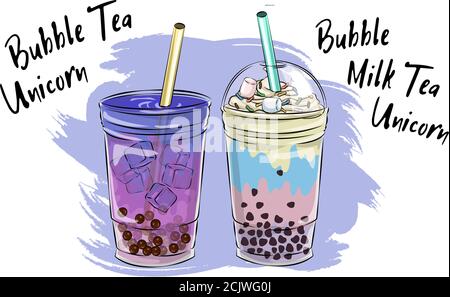 Bubble tea cup design collection, Yummy drinks, soft drinks with doodle style banner, Bubble milk tea ads with delicious tapioca and pearl, bubble tea Stock Vector