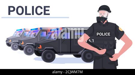 policeman in full tactical gear riot police officer holding baton protesters and demonstration riots mass control concept portrait horizontal vector illustration Stock Vector