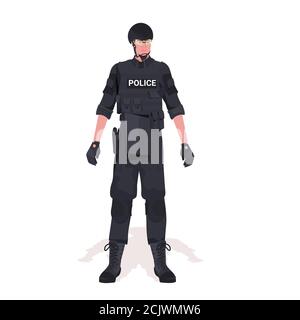 policeman in full tactical gear riot police officer and protesters and demonstration riots mass control concept full length vector illustration Stock Vector