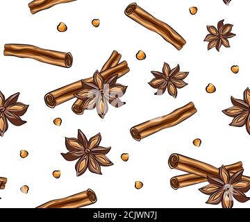 Anise star sketches set. Single, batch and composition with cinnamon sticks. Seamless pattern with spices. Cinnamon, star anise, anise seed. Watercolo Stock Vector