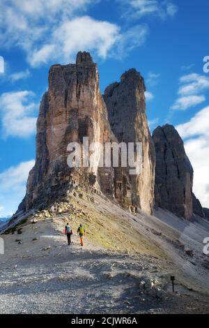 The Three Peaks of Lavaredo in South Tyrol are the symbol of the Dolomites and a true landscape highlight. The three Peaks of Lavaredo in the Tre Cime Stock Photo