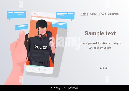 human hand using smartphone chatting with policeman during video call online communication concept portrait horizontal copy space vector illustration Stock Vector