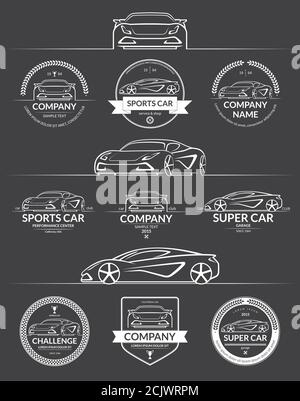 Set of super car silhouettes with auto service logos, labels, emblems, design elements. Vector illustration Stock Vector