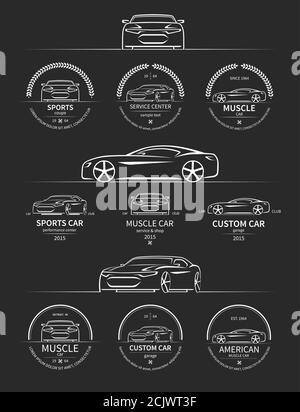 Set of sports car service, club, shop, garage labels, badges, emblems and design elements in vintage style. Vector illustration Stock Vector